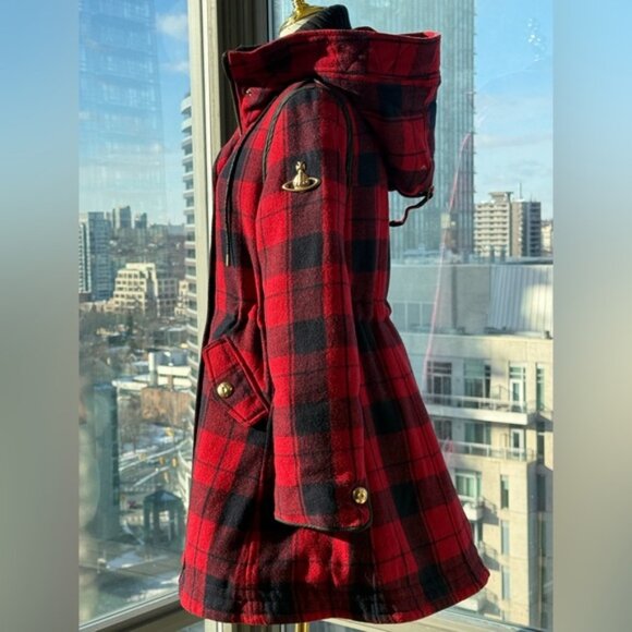 🆕 VIVIENNE WESTWOOD ANGLOMANIA 🧿 NWT Red & Black Plaid Wool Down Jacket, Sz S - Picture 5 of 16